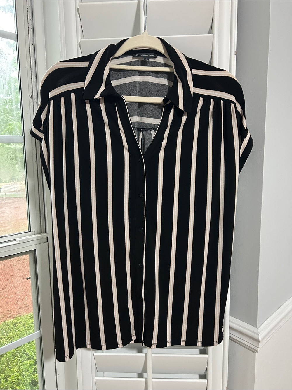 Adrianna Papell Black and Cream Vertical Stripe Button-Up Blouse